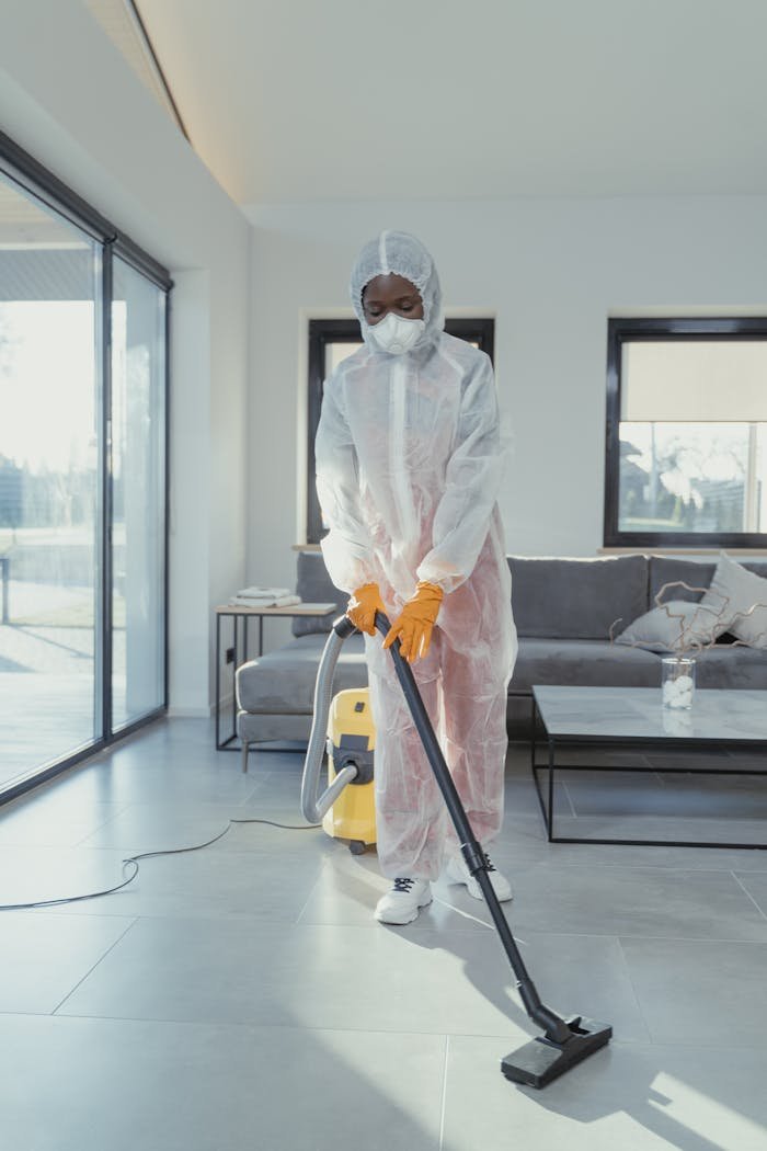 A person in PPE vacuuming a living room, ensuring a sterile and clean environment.